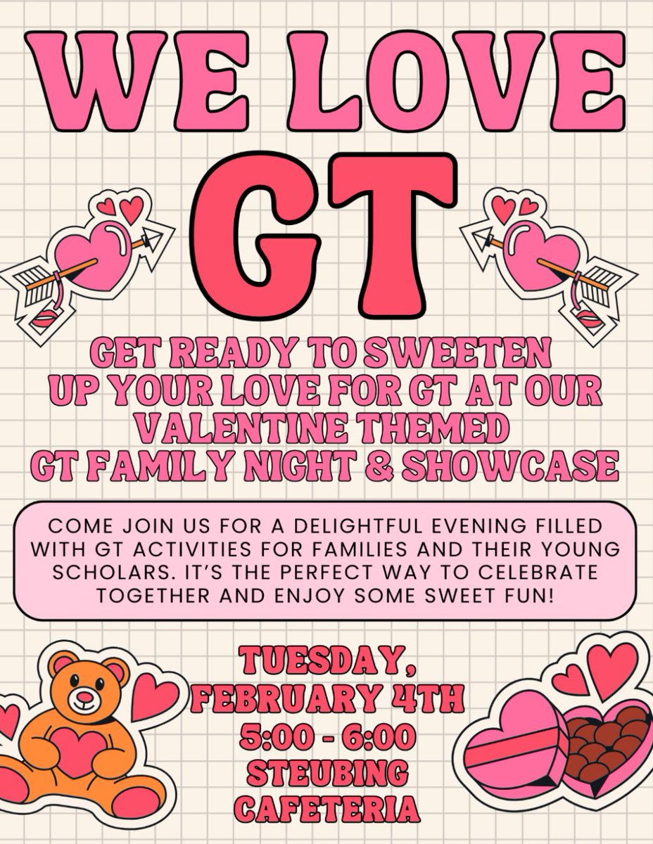 NISDSteubing's tweet photo. Our “We Love GT” Family Night is coming up on Tuesday, February 4th at 5:00 in the cafeteria. https://t.co/veFUHyKX55