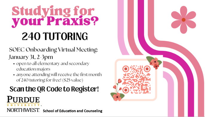 pnwsoec's tweet photo. 🎓Calling all SoEC majors! 🎓
Studying for the Praxis? 📝 Join us for a FREE virtual training with 240Tutoring on Friday, Jan. 31, from 2–3 PM and get one month of 240Tutoring FREE just for attending! 🙌
Check out the flyer for details and to RSVP. 💪 #PNWSoEC #PraxisPrep https://t.co/8ZVNxteji5