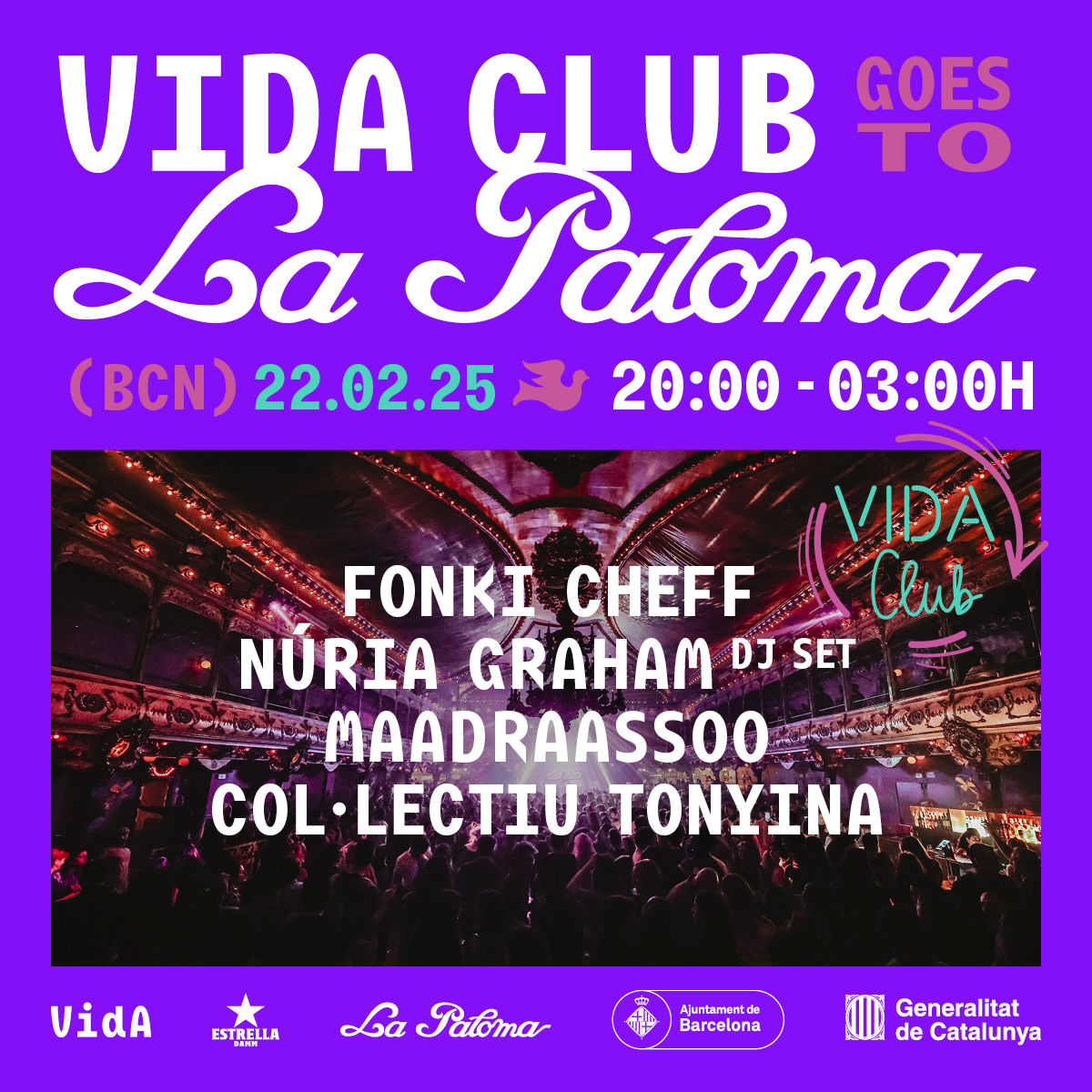 Vida Festival (@vidafestival) on Twitter photo Després del SOLD OUT de l'última festa no podem estar més contents de confirmar la programació del segon Vida Club amb Fonki Cheff, Núria Graham DJ Set, Maadraassoo & Col·lectiu Tonyina.
🗓 22/02/2025 · <a href="/lapalomabcn/">La Paloma Barcelona</a>
🎟 Entrades > vidafestival.com/vida-club-goes… Després del SOLD OUT de l'última festa no podem estar més contents de confirmar la programació del segon Vida Club amb Fonki Cheff, Núria Graham DJ Set, Maadraassoo & Col·lectiu Tonyina.
🗓 22/02/2025 · <a href="/lapalomabcn/">La Paloma Barcelona</a>
🎟 Entrades > vidafestival.com/vida-club-goes…