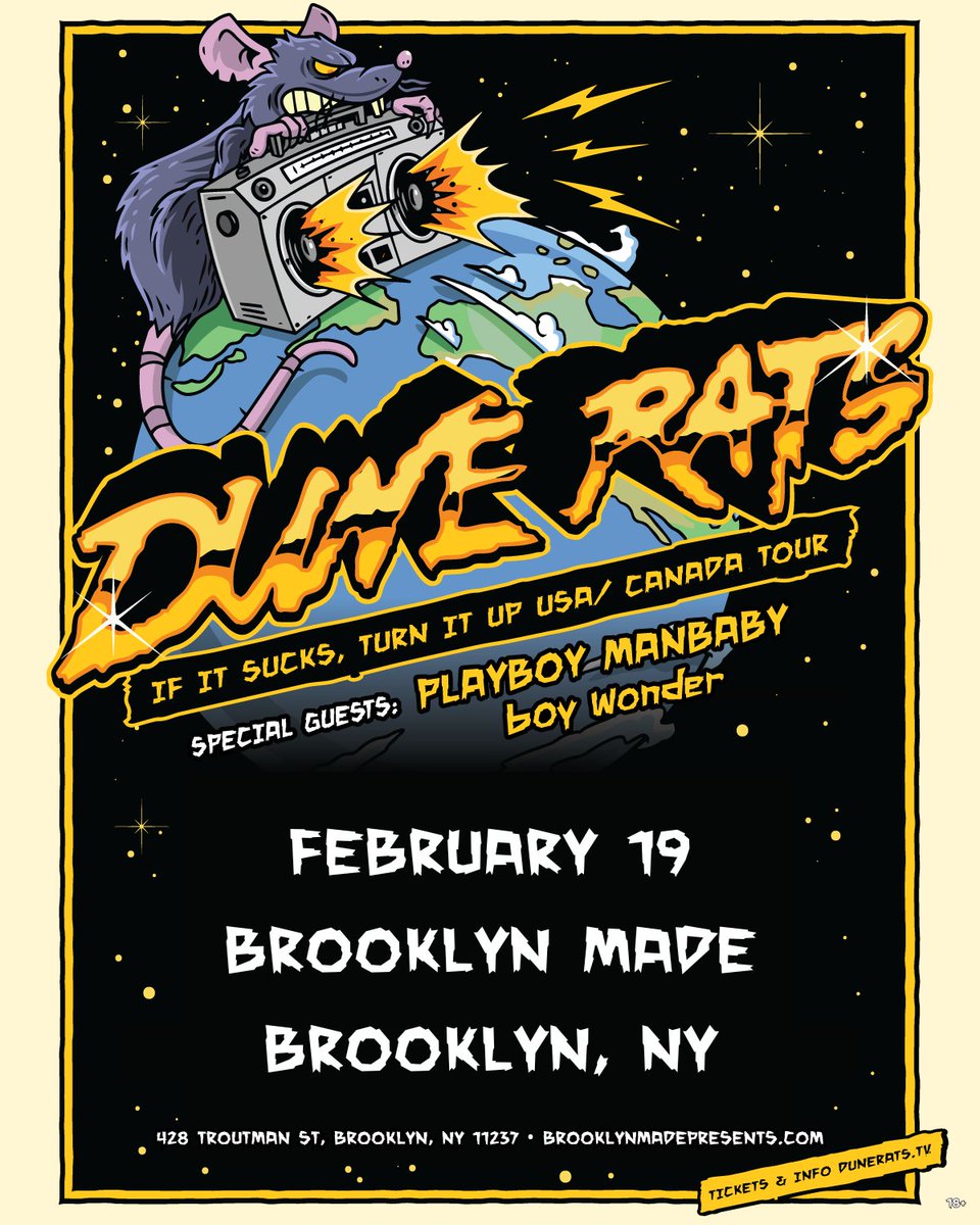 Brooklyn Made Bushwick (@bkmadebushwick) on Twitter photo Support announced: boy wonder has been added as support for <a href="/DUNERATSS/">DUNE RATS!</a> with <a href="/PlayboyManbaby/">Playboy Manbaby</a> on February 19 at Brooklyn Made. Tickets: bit.ly/4h7TrHD Support announced: boy wonder has been added as support for <a href="/DUNERATSS/">DUNE RATS!</a> with <a href="/PlayboyManbaby/">Playboy Manbaby</a> on February 19 at Brooklyn Made. Tickets: bit.ly/4h7TrHD