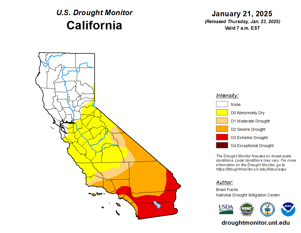 US_Stormwatch's tweet photo. Extreme drought has returned to Southern California for the first time in over two years, as San Diego and LAX experience their driest starts to winter in recorded history.

San Diego hasn’t received significant rainfall in nearly 300 days. https://t.co/Euk5RpqkSw