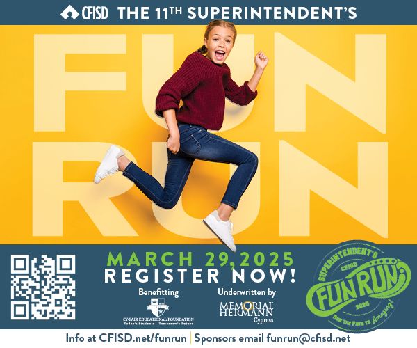 Cypress-Fairbanks ISD (@cyfairisd) on Twitter photo Lace up your running shoes! The 11th Superintendent's Fun Run is scheduled for March 29 at the <a href="/BerryCenter/">Berry Center</a>!
Interested in sponsorships? Email funrun@cfisd.net. buff.ly/4gnVQwu #CFISDFunRun Lace up your running shoes! The 11th Superintendent's Fun Run is scheduled for March 29 at the <a href="/BerryCenter/">Berry Center</a>!
Interested in sponsorships? Email funrun@cfisd.net. buff.ly/4gnVQwu #CFISDFunRun