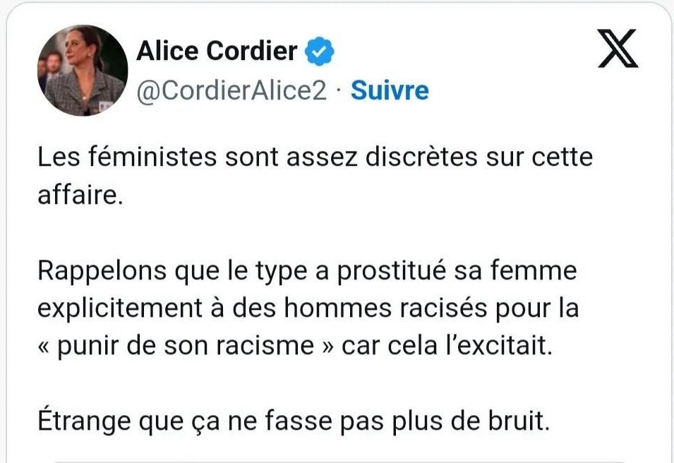 _MaxLoisel's tweet photo. Rappelons que Némésis et Alice Cordier, ce sont aussi des fake news sur Gisèle Pélicot.

Voilà le « féminisme » d’extrême-droite, que Bruno Retailleau félicite et dont il se sent proche. https://t.co/n0ODb6Thb3
