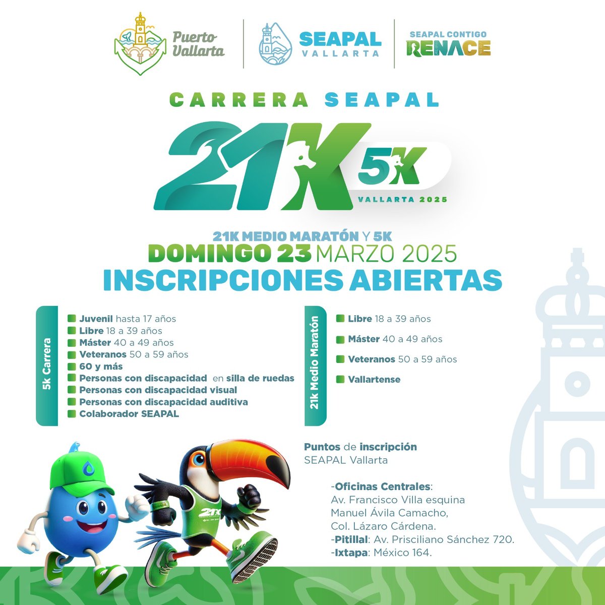¡La Carrera SEAPAL 2025 te está esperando!
Inscríbete ya en nuestras oficinas y no pierdas la oportunidad de participar, disfrutar y contribuir al cuidado del agua. #ContigoSEAPALRenace🏃‍♂️🏃‍♀️💧