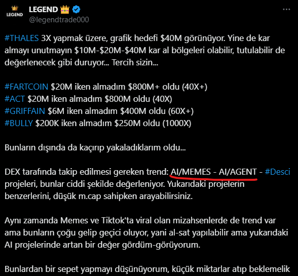legendtrade000's tweet photo. Kripto Para piyasasında paradigma değişti... 100X Memecoin Trade Eğitimi Gelecek Birazdan

Dünyadaki birçok fenomen ve #Binance gibi merkezi borsalar, aylardır hatta 2023'ten beri söylediğim çizgiye geldi. 

Bu sezon para kazanmak isteyen, risk oranını attırıp, özellikle SOL ağındaki, AI - AGENTS / AI - MEMES - Memecoins - Trump ve Elon Musk Bağlantılı hiçbir projeyi gözden kaçırmamalı. Henüz erkenciyiz ama boğa sezonu sonsuza kadar sürmeyecek... Aylar önce birçoğu beni dinlemedi diye pişman oldu, aylar sonra aynısı olmasın diye yazıyorum bunu...

#FARTCOIN 
#GOAT