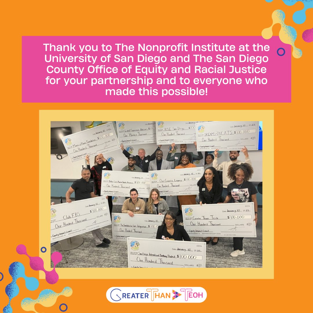 Greater Than Tech has been awarded a $100,000 Equity Impact Grant as part of an incredible initiative empowering nonprofits to drive equity and innovation across San Diego. 🌟

Thank you to The Nonprofit Institute at USD and San Diego County Office of Equity and Racial Justice.