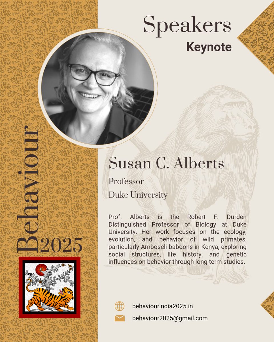 Behaviour2025's tweet image. Know the keynote speaker of #behaviour2025: Susan C. Alberts. Prof. Alberts works on the  behavioural ecology and evolution of primates, especially the Amboseli baboons of Kenya.

For more updates follow:
scholars.duke.edu/person/alberts

#AnimalBehavior 
#ScienceConference 
#ECRChat
