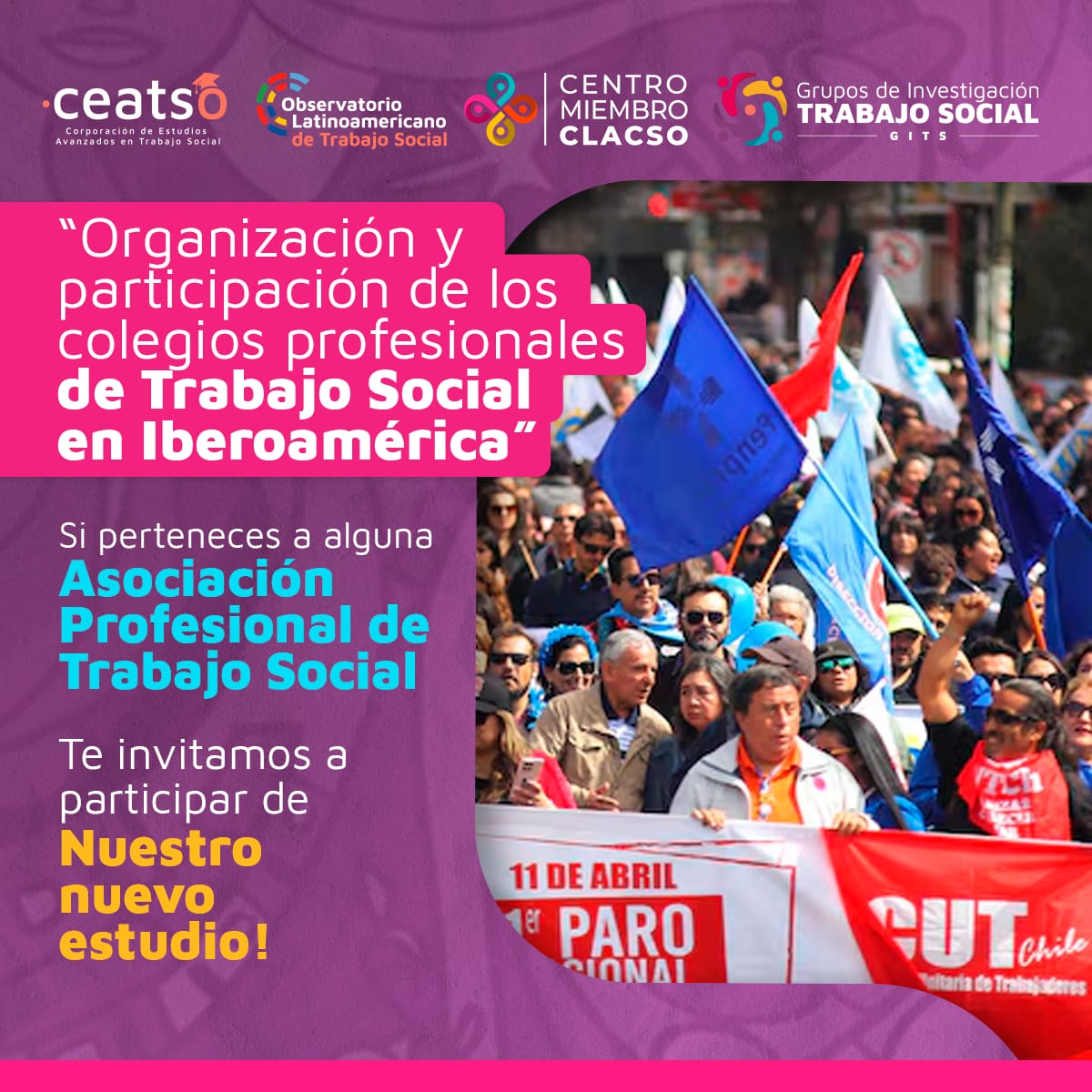 ADASU participa de la investigación sobre la organización profesional del Trabajo Social en Iberoamérica, solicitamos tomarse 10 minutos para contestar la encuesta.

Cuestionario:  goo.su/JsTO
Consentimiento: goo.su/rVLkGG