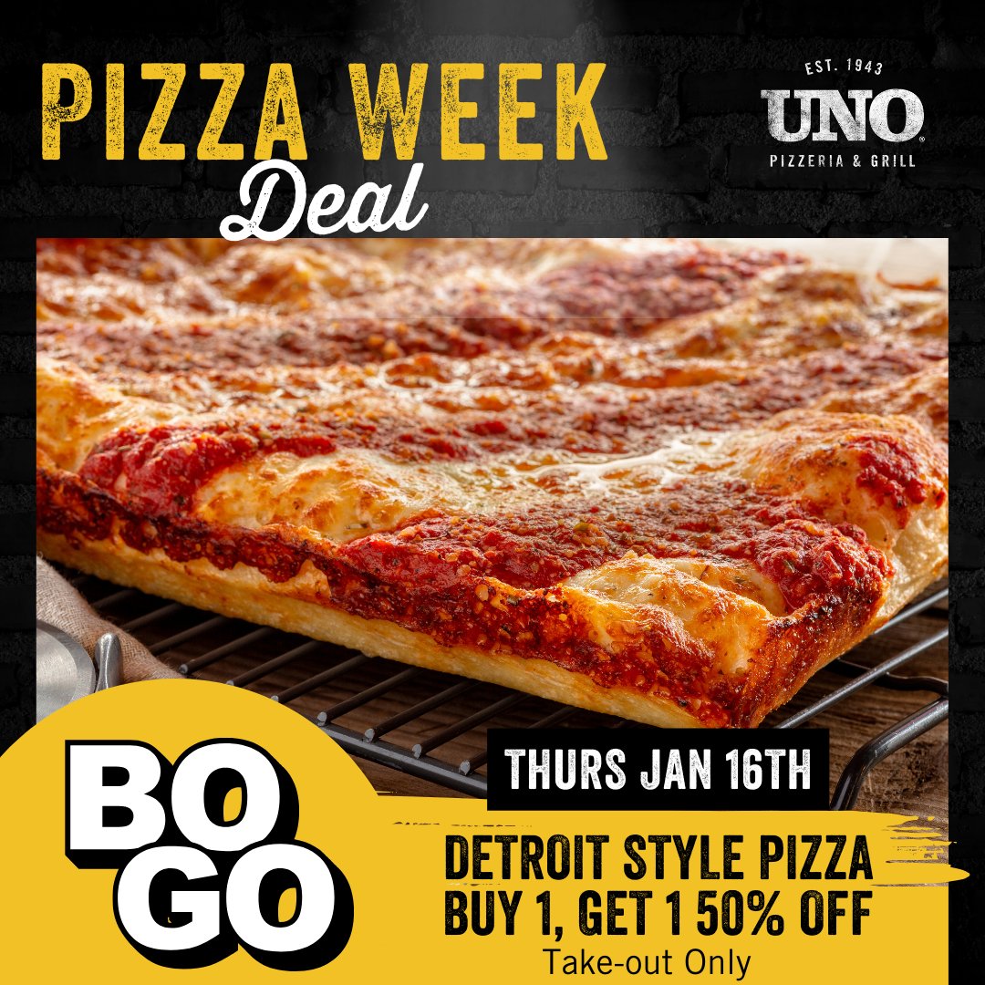🍕 Two’s a party, especially with Detroit-Style Pizza! Buy 1, get 1 50% off today. Perfect for sharing or keeping it all to yourself—no judgment here! 😉

Valid for take-out at participating locations.

#DetroitStyleDoubleDown #PizzaPartyVibes #UNOPizzeria