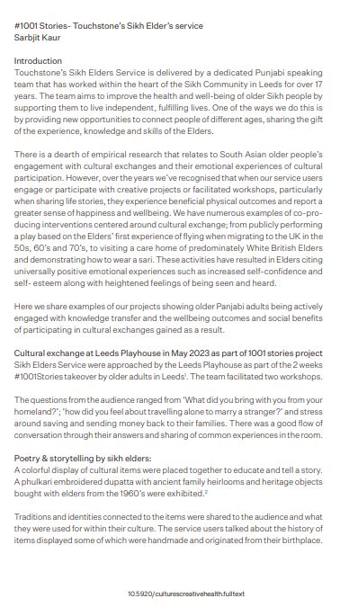 We are hugely proud of our brilliant Sikh Elders team for featuring in the new volume of Cultures of Creative Health by <a href="/Culturesof_/">Cultures of</a> launched at <a href="/HuddersfieldUni/">University of Huddersfield</a> this week. Their stories of working with Sikh Elders through poetry, theatre, and roti workshops are a joy to read!