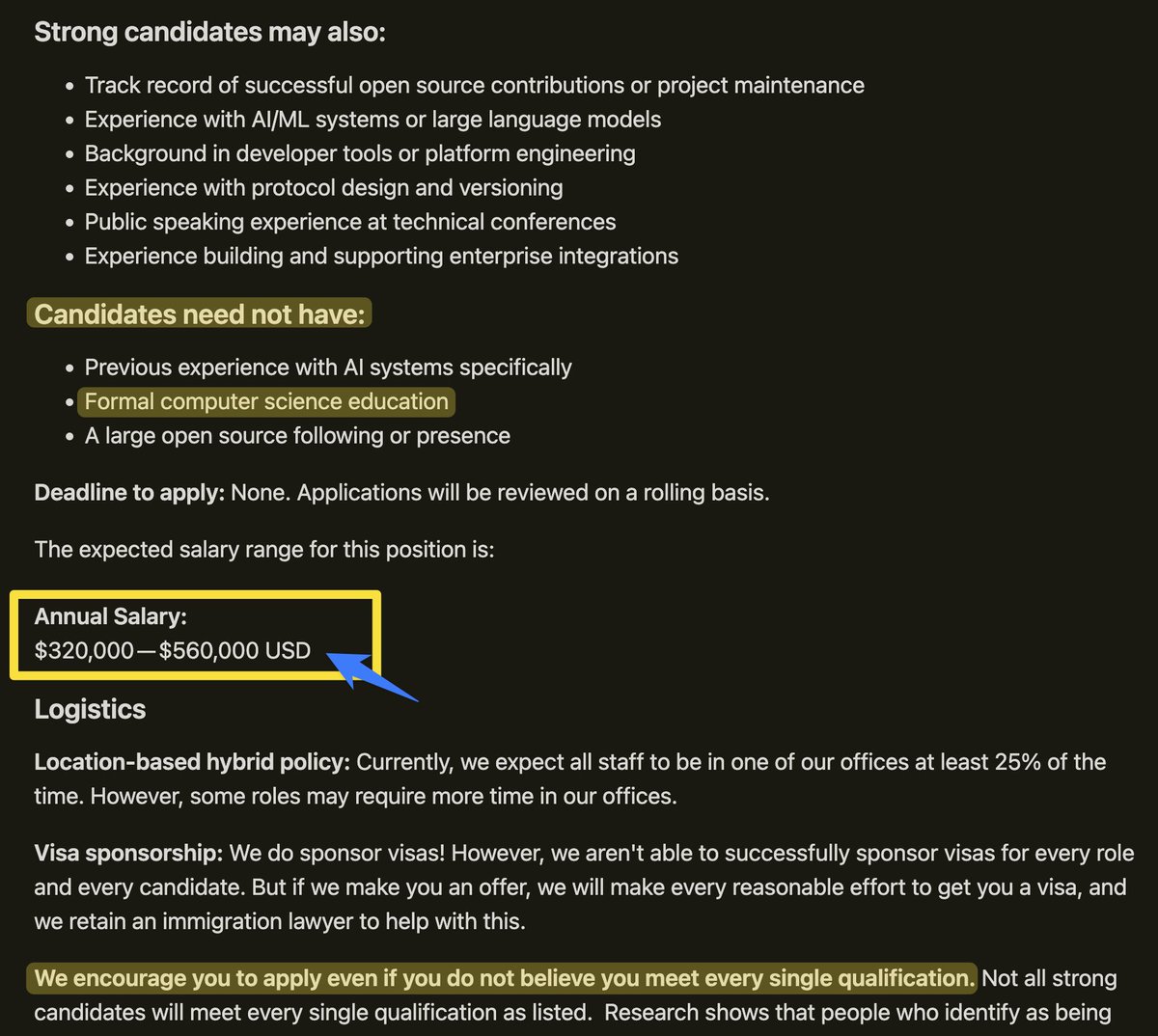 . <a href="/AnthropicAI/">Anthropic</a> 社の求人広告↓。職種は、今話題のMCPの開発。給料は5000万からスタート。CSの学位は不要で全ての条件を満たしてなくてもまずは応募することを薦めてる。選択肢は２つだと思う。年収が高いところに行くか、自分で会社を作るか。自分の価値を正しく評価してくれるところに身を置くべき。