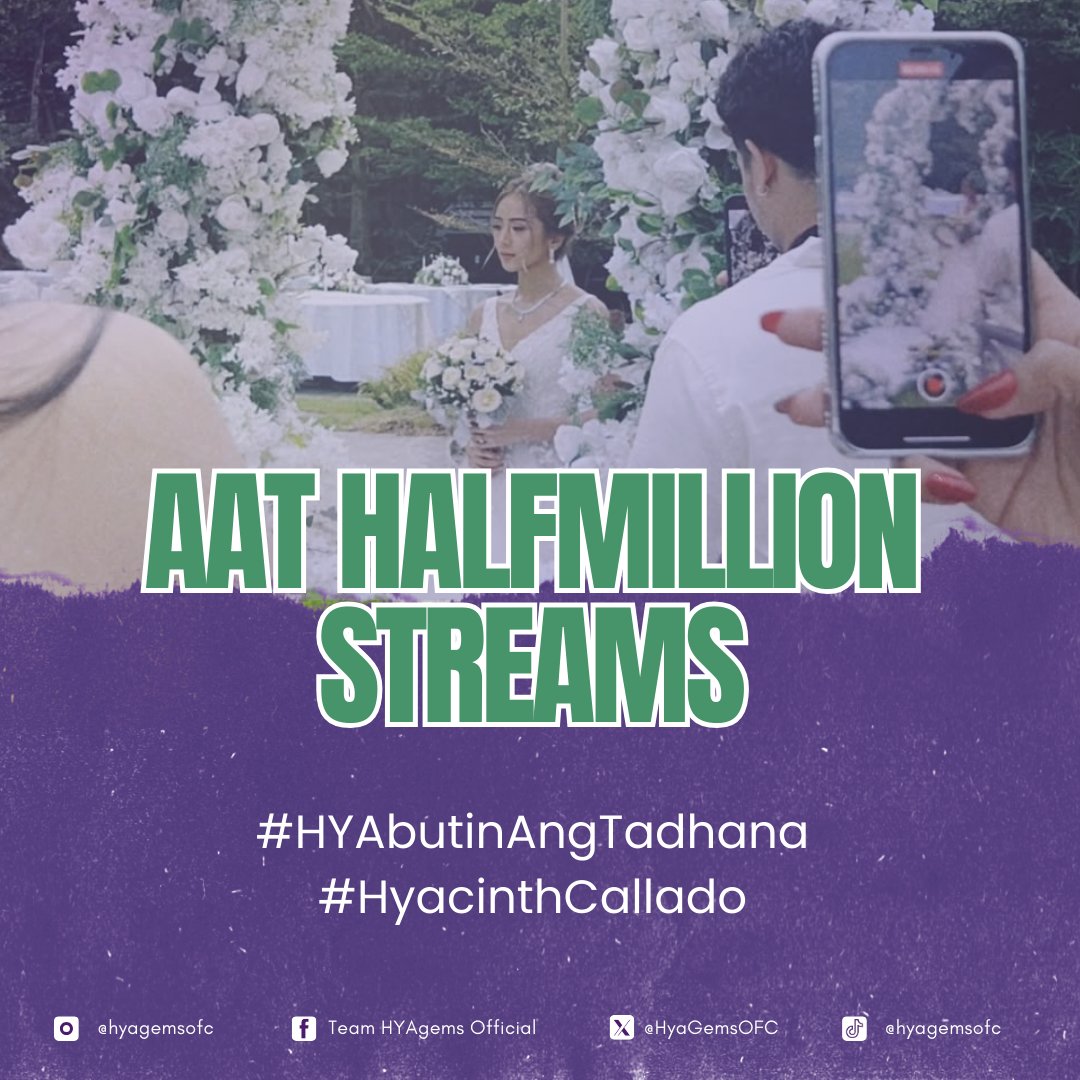 TEAM HYAgems (@hyagemsofc) on Twitter photo Change tags! Please include #HYAbutinAngTadhana and #HyacinthCallado on your tweets in celebration of Hyacinth's Half Million streams on <a href="/SpotifyPH/">Spotify Philippines</a>. To more singles, EPs, and even an Album to come for our brightest gem!
AAT HALFMILLION STREAMS Change tags! Please include #HYAbutinAngTadhana and #HyacinthCallado on your tweets in celebration of Hyacinth's Half Million streams on <a href="/SpotifyPH/">Spotify Philippines</a>. To more singles, EPs, and even an Album to come for our brightest gem!
AAT HALFMILLION STREAMS