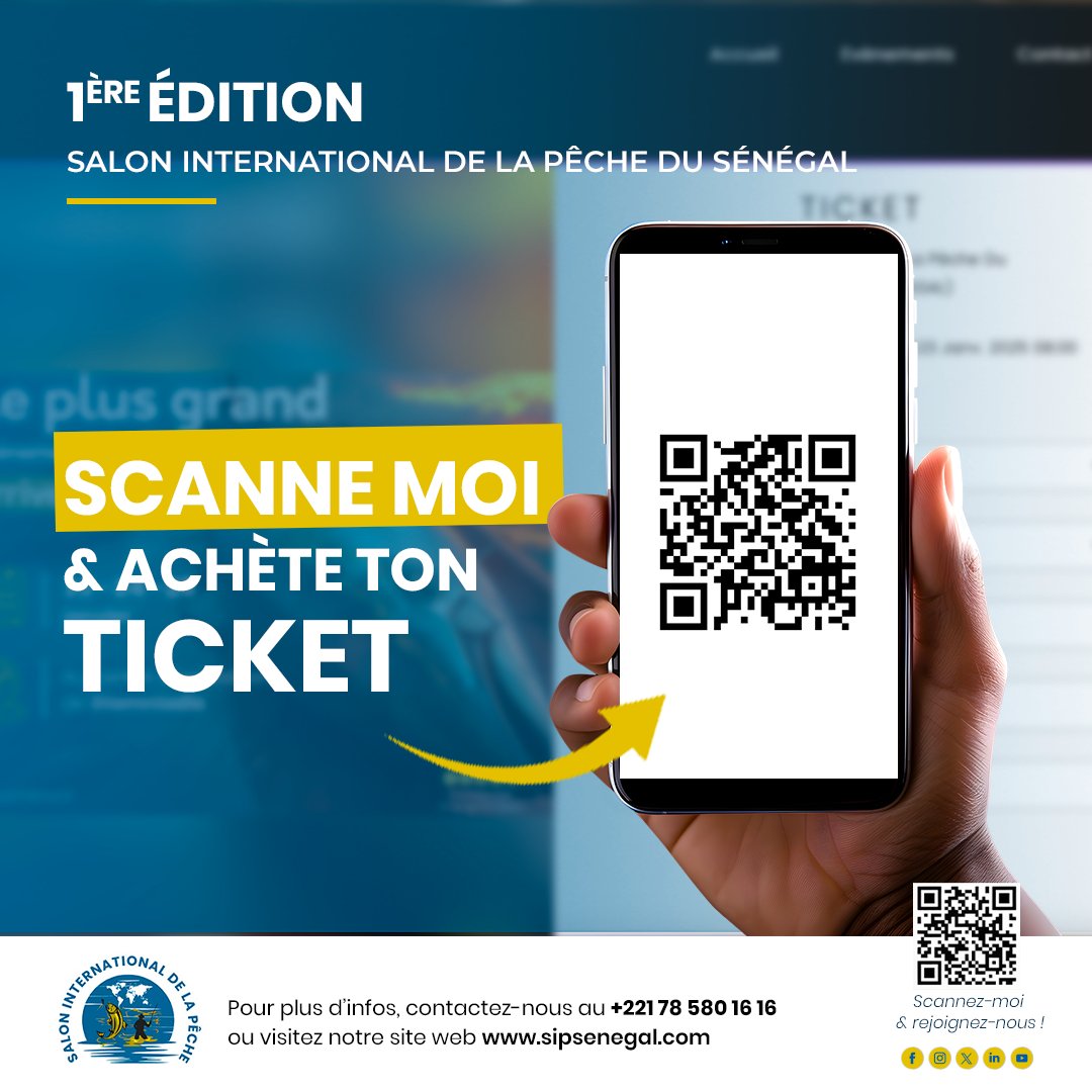 Rejoignez nous au Salon International de la Pêche du Sénégal !

Dates : Du 23 au 25 janvier 2025
Lieu : Dakar Expo Center
📷 Achetez votre ticket dès maintenant 

📷 Réservez ici : paytick.sn/.../salon-inte…...

#SIPSN2025
#JeParticipeAuSIP
#SalonInternalDeLaPecheSenegal
<a href="/Asepexgouv/">Asepex</a>