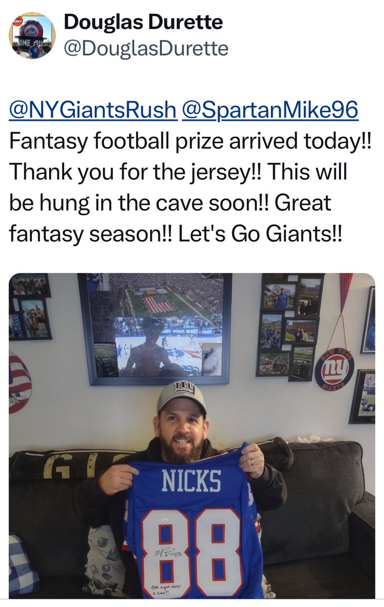 Doug is the RUSH 2024 Fantasy Football Winner!
👊🏻💥
Grand Prize: Autographed Hakeem Nicks Jersey for the Man Cave!  Love it Doug.  Congrats and thanks for playing!  Until next year!  
#nygiantsrush #hakeemnicks #podcast
