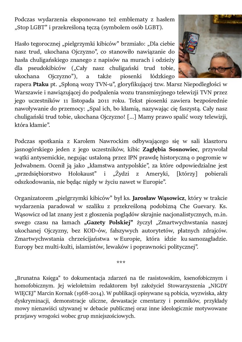 StowNIGDYWIECEJ's tweet photo. Z „BRUNATNEJ KSIĘGI” STOWARZYSZENIA „NIGDY WIĘCEJ”
CZĘSTOCHOWA. 11 stycznia 2025 podczas tzw. Patriotycznej Pielgrzymki Kibiców na Jasnej Górze niektórzy jej uczestnicy eksponowali hasła i symbole nawiązujące do rasizmu i neonazizmu.
https://t.co/WJF9pmPf7J https://t.co/DibyagaWUk