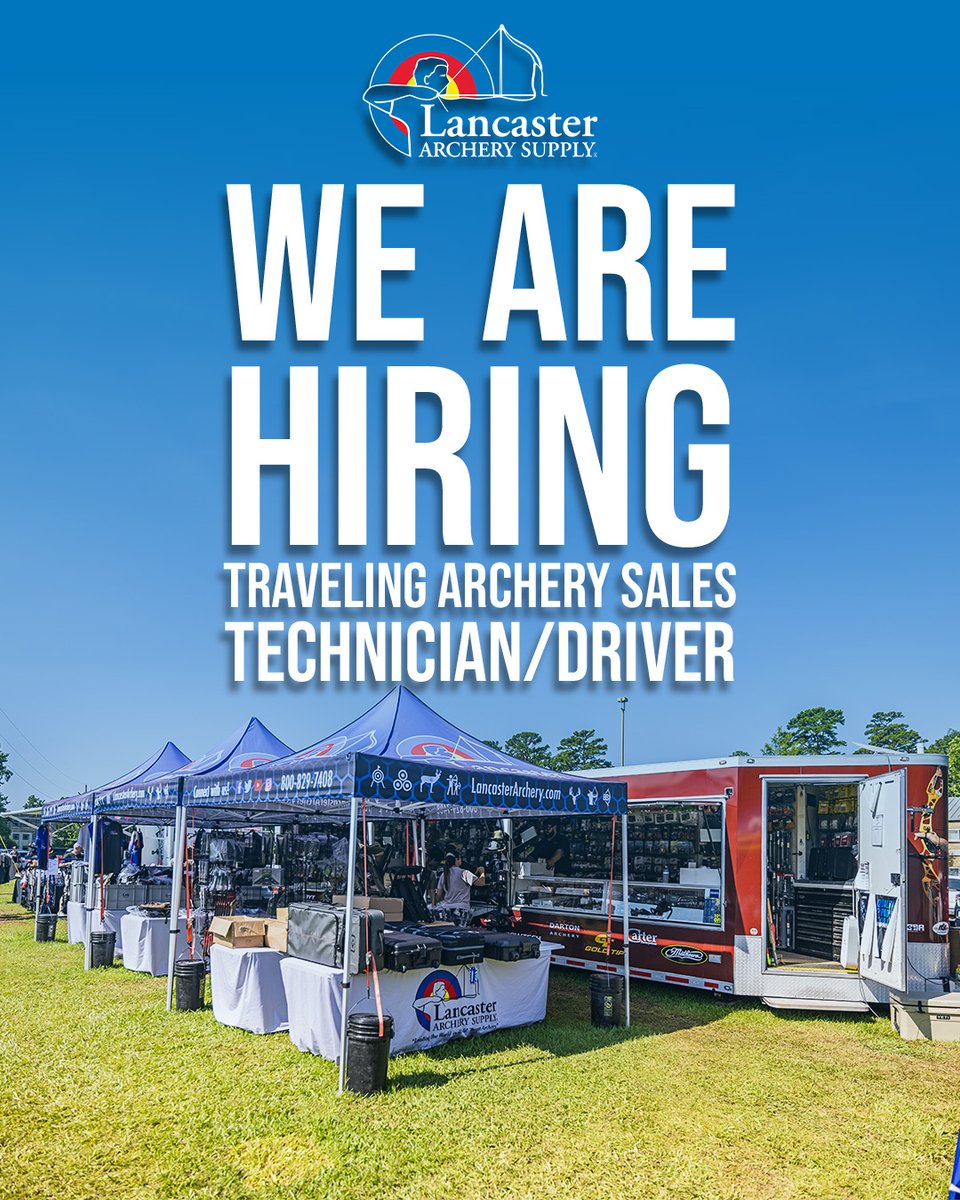 lancarchery's tweet photo. WE ARE HIRING!!!!

Join us as a Traveling Archery Sales Technician/Driver! Hit the road with the LAS Express trailer, attending exciting archery events, helping customers, and supporting the Tournament Sales Supervisor with inventory, product selection, and more. Be part of the action!

Apply now!!! https://t.co/3Hs1DbMNCL

#lancasterarchery #archery #hiring #archeryindustry