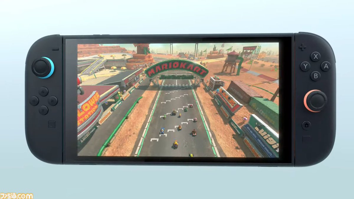 famitsu's tweet photo. 【Switch2】『マリカ』新作が登場か。スタートラインが24人分用意されており、24人対戦ができる可能性も
https://t.co/0OnaBvNNsX

Nintendo Switch2の発表映像にゲーム画面が映し出される。上に乗ることでスピードがあがるダッシュボードなども確認できる。
#マリオカート新作 #マリカ新作 https://t.co/SkRNYqaTW3