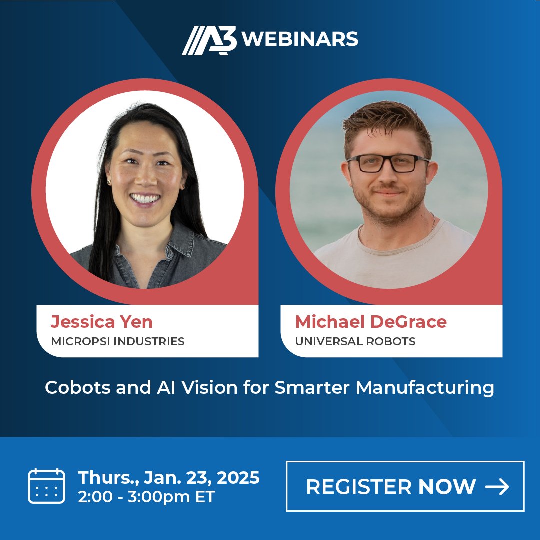 A3 Artificial Intelligence (@ai_a3automate) on Twitter photo Learn about successful integration of cobots and AI vision systems in this #A3Webinar on Thurs., Jan 23. Michael DeGrace of <a href="/Universal_Robot/">Universal Robots</a> & Jessica Yen of <a href="/micropsi/">Micropsi Industries</a> share strategies to achieve operational efficiency and measurable ROI. Exclusively sponsored by Universal Learn about successful integration of cobots and AI vision systems in this #A3Webinar on Thurs., Jan 23. Michael DeGrace of <a href="/Universal_Robot/">Universal Robots</a> & Jessica Yen of <a href="/micropsi/">Micropsi Industries</a> share strategies to achieve operational efficiency and measurable ROI. Exclusively sponsored by Universal