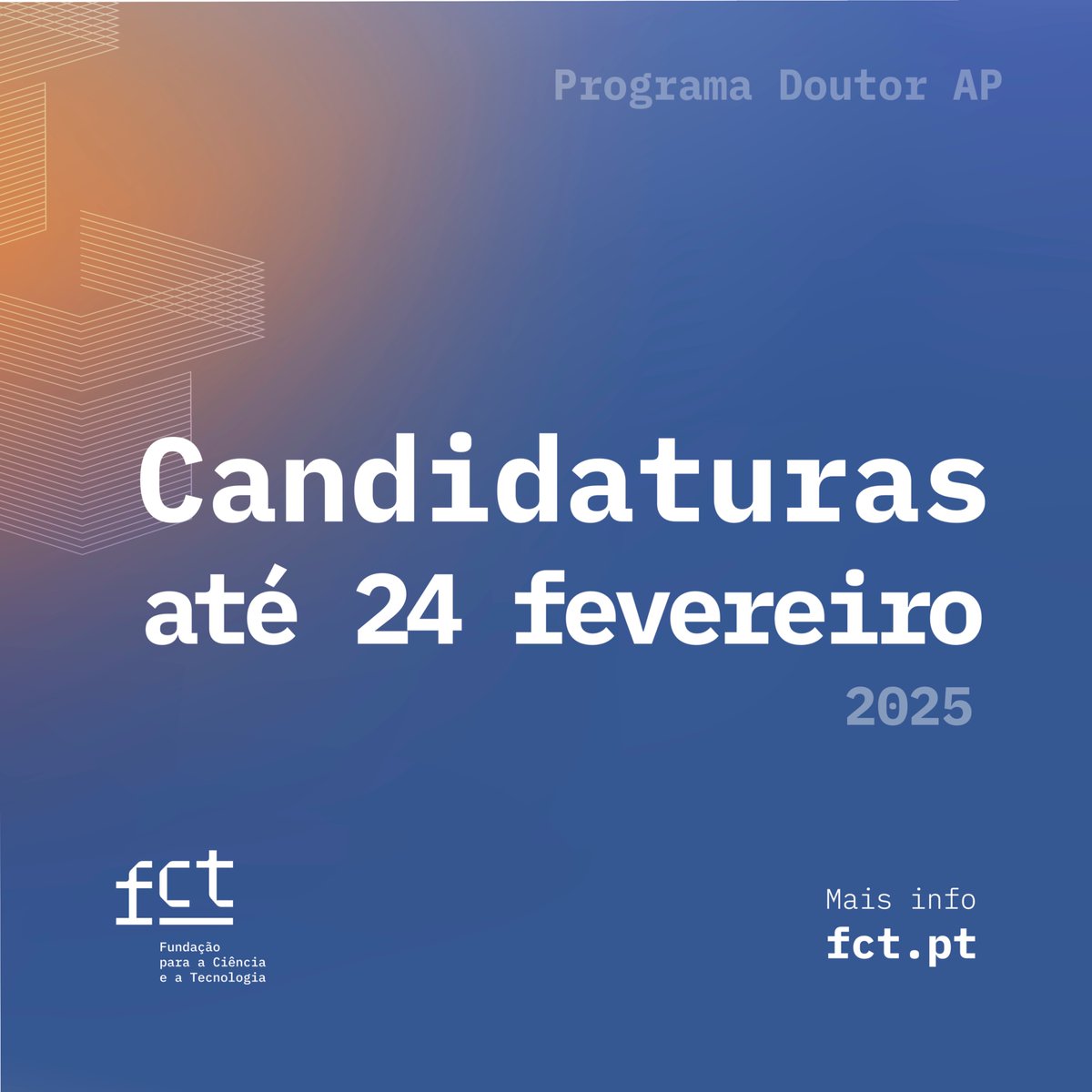 🚀 Candidaturas abertas para o Programa Doutor-AP da FCT!

💡 Capacitação científica e investigação aplicada para a Administração Pública.

📅 Prazo: Até 24/02/2025.
🌐 Inscreve-te já: Portal myFCT

📌 Sabe mais em lnkd.in/dbZ-5BxA

#CNCS #DoutorAP #FCT