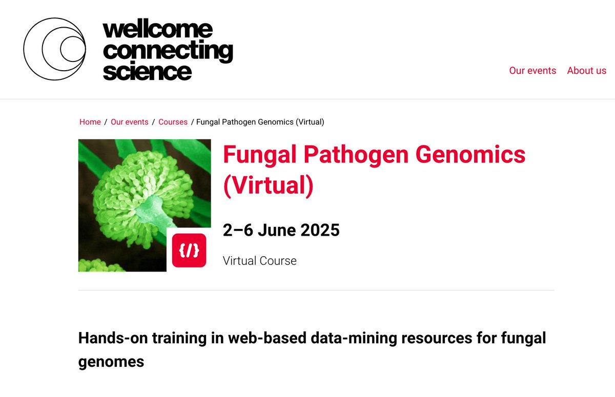 FungiDB (@fungidb) on Twitter photo Learn to harness genomics with the #Fungal Pathogen Genomics Course!
š
2ā6 June 2025 - Virtual
Perform database queries; explore omics data; formulate hypotheses using public & private datasets with @FungiDB, <a href="/ensembl/">Ensembl</a>, <a href="/yeastgenome/">SGD Project @yeastgenome@genomic.social (bsky too)</a>, <a href="/MycoCosm/">MycoCosm</a>, & more! ā¦erences.wellcomeconnectingscience.org/event/fungal-p⦠Learn to harness genomics with the #Fungal Pathogen Genomics Course!
š
2ā6 June 2025 - Virtual
Perform database queries; explore omics data; formulate hypotheses using public & private datasets with @FungiDB, <a href="/ensembl/">Ensembl</a>, <a href="/yeastgenome/">SGD Project @yeastgenome@genomic.social (bsky too)</a>, <a href="/MycoCosm/">MycoCosm</a>, & more! ā¦erences.wellcomeconnectingscience.org/event/fungal-pā¦