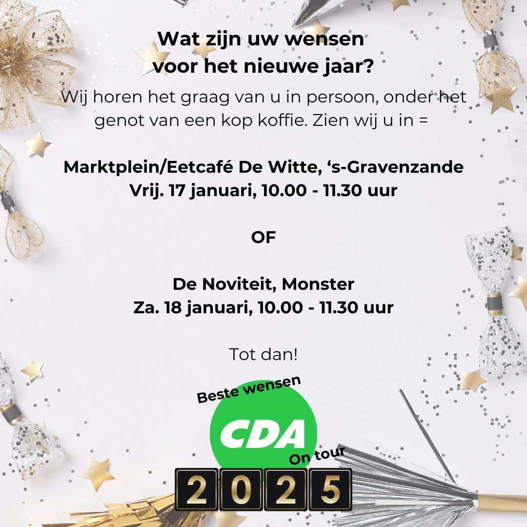 Heeft u nog wensen voor de CDA Westland fractie?🌟
Afgelopen dagen hebben wij al vele wensen gehoord om het Westland nog mooier te maken. Nog niet de gelegenheid gehad? Dan zien wij u komende dagen graag terug op de volgende locaties: Tot snel☕️
#WLdebat #Monster #sGravenzande