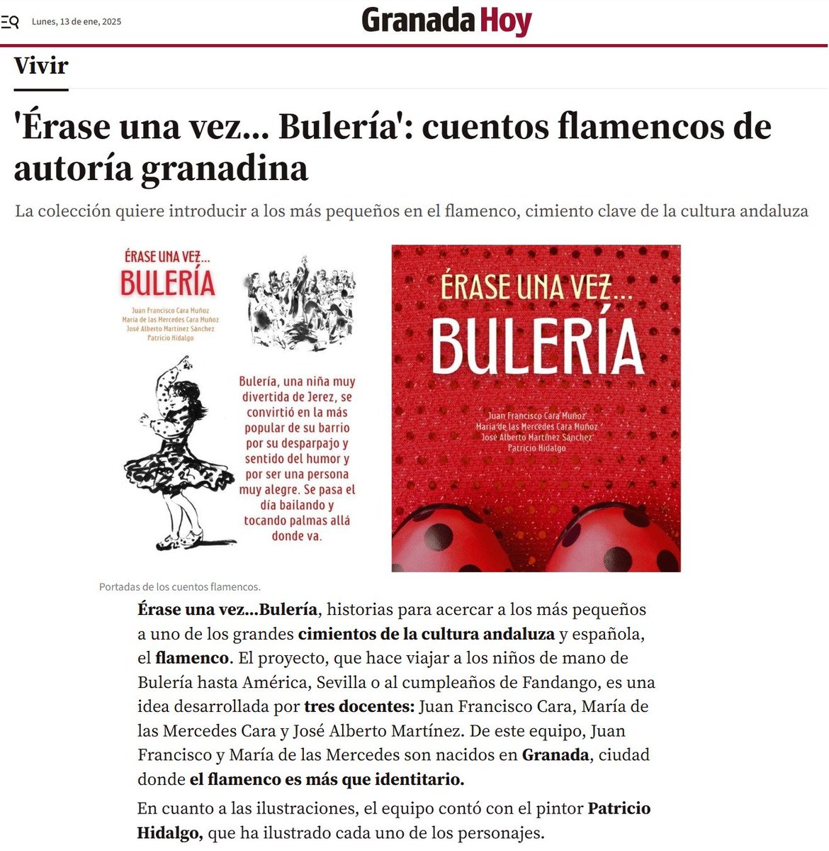 📰📕 Nota de prensa sobre nuestra colección de cuentos "Érase una vez... Bulería" en el Diario <a href="/granadahoy/">Granada Hoy</a> 📘🗞️

#FlamencoenelAula
#EducacionyFlamenco
