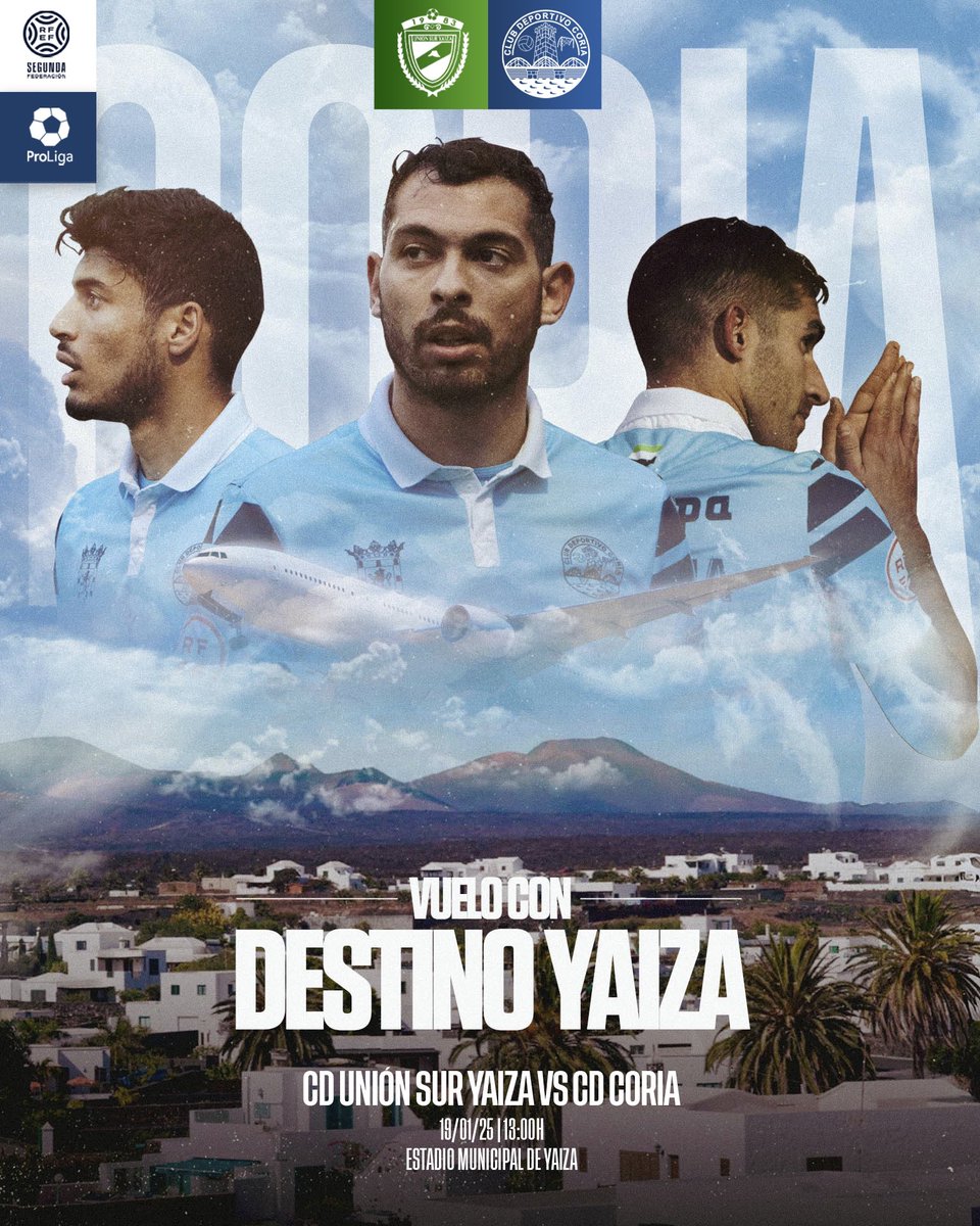 ¡VUELO CON DESTINO YAIZA! 🩵

⚽ <a href="/unionsuryaiza/">C.D. Union Sur Yaiza</a> 🆚 <a href="/CDCORIA/">Club Deportivo Coria</a> 
🗓 Domingo 19/01/2025
🕛 13:00H. 
🏟 Estadio Municipal de Yaiza.
🟢 Jornada 19 | #SegundaRFEF Grupo V

📻 #ExtremaduraEnJuego de <a href="/deportesCEX/">Extremadura Deportes</a> 
📺 <a href="/FootballClub/">FootballClub</a> 

📲 #LaHistoriaCelesteLaEscribimosJuntos #YaizaCoria