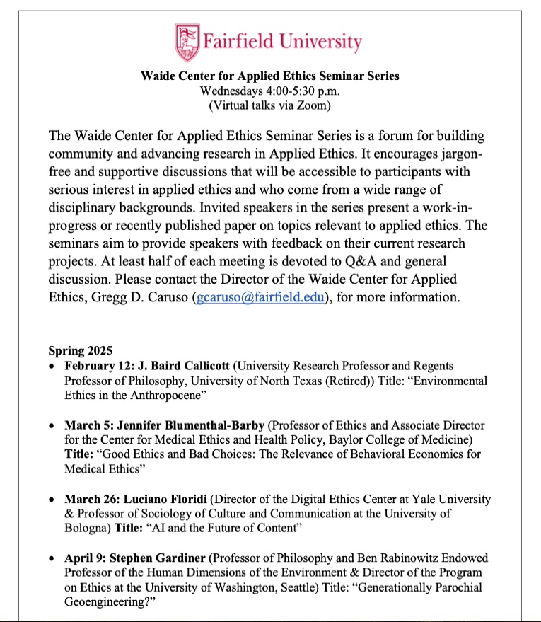 Gregg Caruso (@greggdcaruso) on Twitter photo Here's the spring line-up of speakers for the Waide Center for Applied Ethics Seminar Series. All events are free, open to all, and take place virtually via Zoom. Please follow the <a href="/WaideCenter/">Waide Center for Applied Ethics</a> for more details--zoom links will be shared there. Here's the spring line-up of speakers for the Waide Center for Applied Ethics Seminar Series. All events are free, open to all, and take place virtually via Zoom. Please follow the <a href="/WaideCenter/">Waide Center for Applied Ethics</a> for more details--zoom links will be shared there.