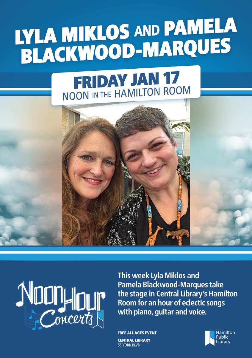 The dynamic duo of Lyla Miklos and Pamela Blackwood-Marques return to Central Library tomorrow for a Noon Hour Concert! 🎶 
Warm up with their eclectic sounds and be whisked away by their chemistry and instrumental performance. events.hpl.ca/event/12378119