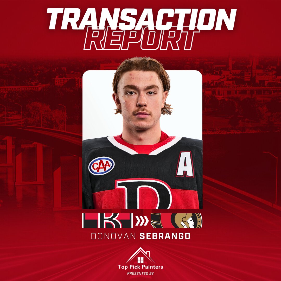 BellevilleSens's tweet photo. ROSTER UPDATE: The @Senators have recalled defenceman Donovan Sebrango from the #BellevilleSens.

Transaction Report presented by Top Pick Painters. https://t.co/K9gry0KrqE