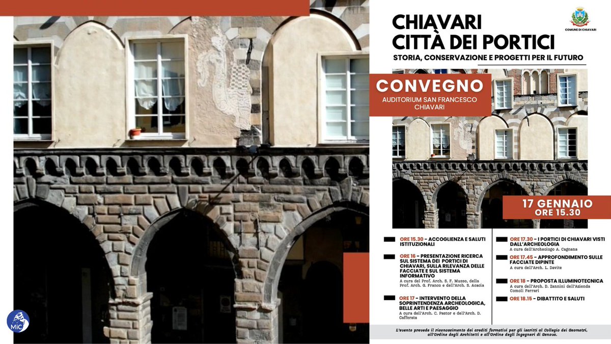 DOMANI 17/01/25 un #convegno sui #portici di #Chiavari GE, con la partecipazione di funzionari specialisti della #Soprintendenza Archeologia Belle Arti e Paesaggio per la città metropolitana di Genova e la provincia di La Spezia. #valorizzazione #tutela #archeologia #architettura