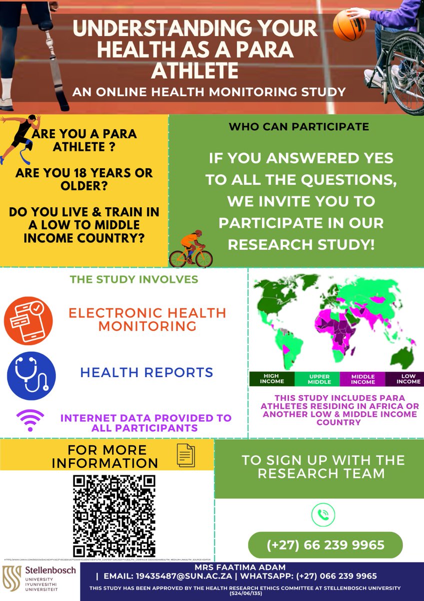 📢Online Health Monitoring For Para Athletes 

Excited to share our research study for Para athletes from Africa and other Low and middle-income countries.

An online health monitoring study to help athletes understand their health.

ℹ️For more info: bit.ly/4fAyxPr