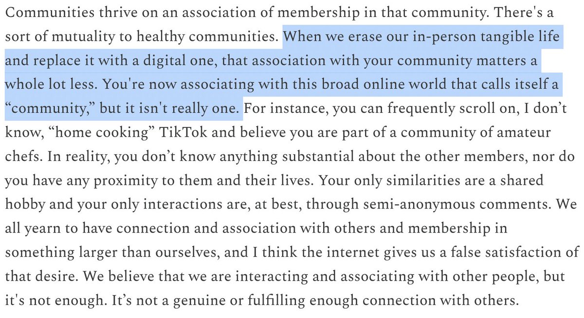 .<a href="/SorenDuggan/">Soren Duggan</a> on the connections between our online lives and participation in community -- an important contribution to our conversations on social isolation, loneliness, and polarization. | open.substack.com/pub/connective…