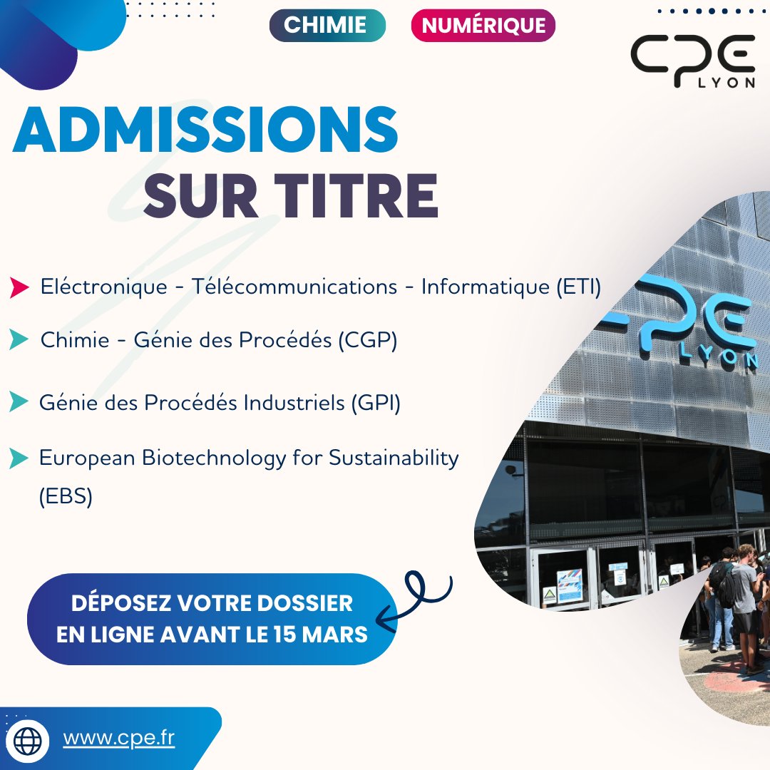 📢 Admissions Bac+2/+3 : Rejoignez CPE Lyon !

Vous avez un Bac+2/+3 et souhaitez devenir ingénieur ? Intégrez CPE Lyon dans nos formations en chimie, numérique ou biotechnologies ! 

📅 Date limite de candidature : 15 mars 

🔗 Inscription : cpe.fr