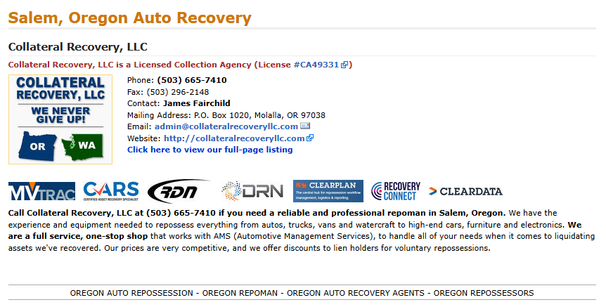 TajLong's tweet photo. Good Morning! Thank you for your 12 YEARS OF ADVERTISING on The #1 Repo Directory! *COLLATERAL RECOVERY, LLC (503) 665-7410*is an Oregon Repossession Agency covering the WHOLE State of Oregon, So. Washington, and Northern California  Taj Told You on the Top-Ranking Repo Directory https://t.co/u69oho6ziG