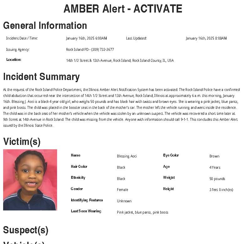 ISPAlerting's tweet image. At the request of the Rock Island Police Department the Illinois AMBER Alert system is being activated.