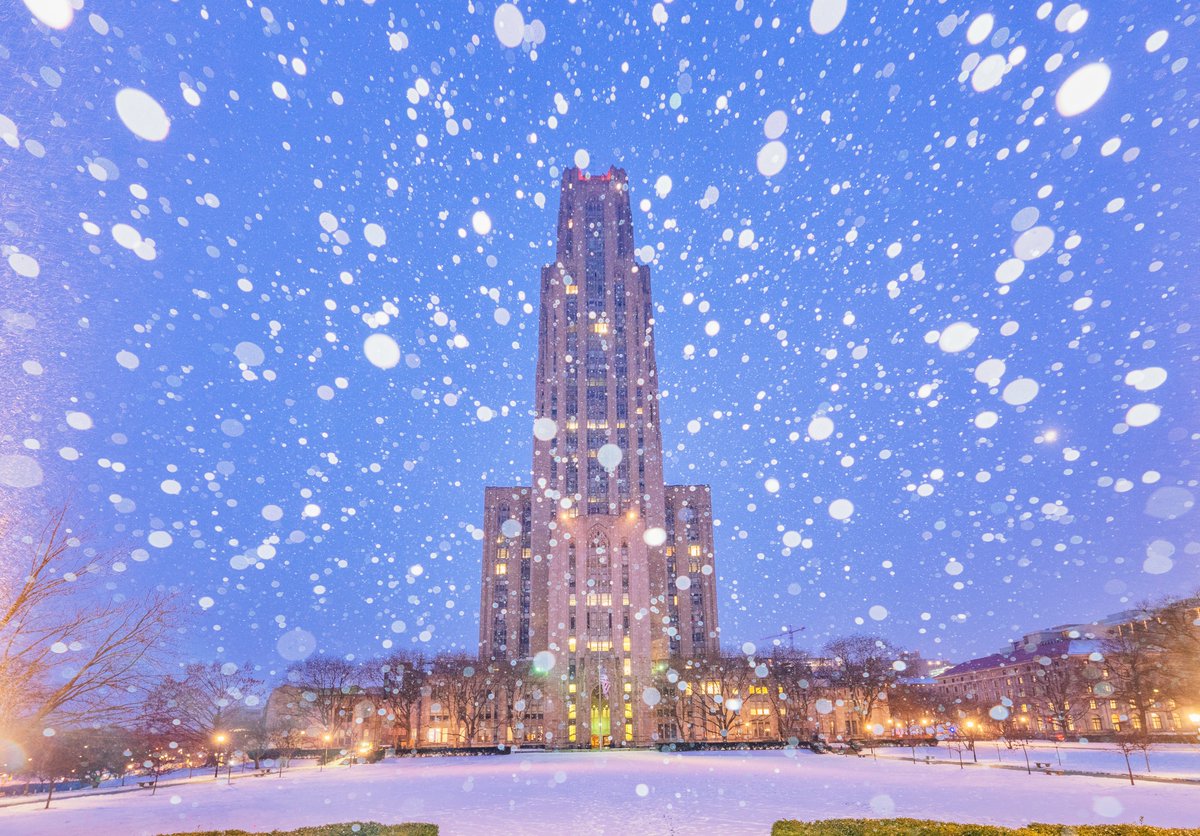 DaveDiCello's tweet photo. Finally made it up to Oakland for some snowglobes just as the snow was starting in #Pittsburgh this morning. I have tons of new images to share, but this one of the Cathedral of Learning from the front of Heinz Chapel is one of my favorites from today. https://t.co/WyKtHF6ARi