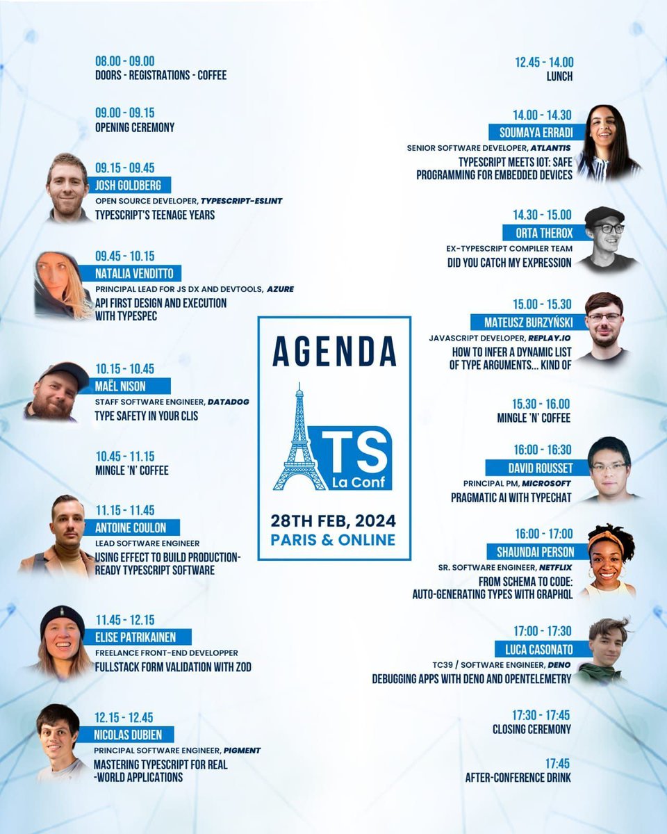 ParisTypeScript's tweet image. 🇬🇧
Hello TypeScripters 👋
Missed the Paris TS la Conf' program? No worries, here’s a quick recap of the day 😉
📅 Don’t miss this unique opportunity on February 28th!
🎟️ Tickets still available here: buff.ly/3V8lgpT
#TypeScript