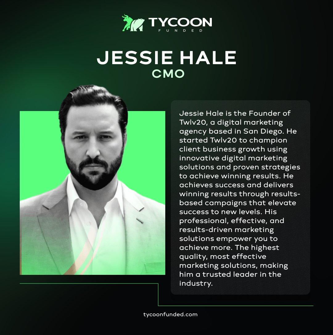 Meet our CMO, Jessie Hale! 🐂

As the CMO of Tycoon Funded, Jessie Hale is on a mission to revolutionize the prop trading industry with bold strategies and a trader-first mindset.

A Marine Corps veteran with a passion for leadership and innovation, Jessie leverages his deep