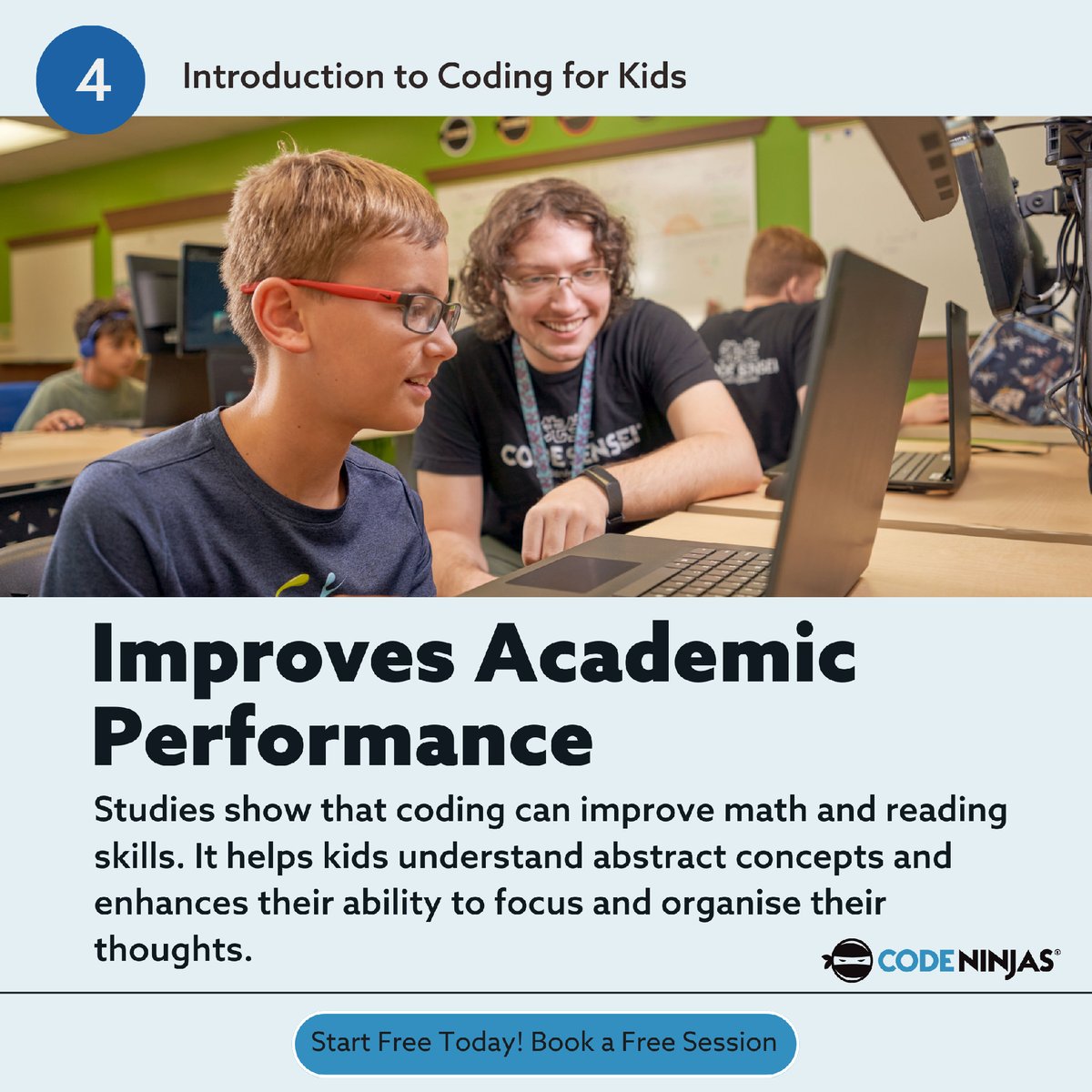 CodeNinjasWham's tweet photo. Improves Academic Performance : "Studies show that coding can improve math and reading skills. It helps kids understand abstract concepts and enhances their ability to focus and organise their thoughts. 📚 #AcademicSuccess #STEMEducation" https://t.co/nekC2fKZuc