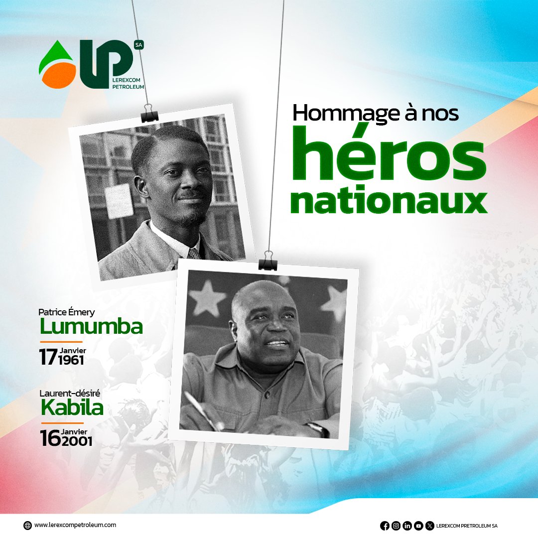 🇨🇩 Hommage à nos héros nationaux 🇨🇩
Lerexcom Petroleum SA honore la mémoire de deux figures emblématiques de notre histoire.
Leur sacrifice inspire notre engagement pour un Congo uni, libre et prospère.  

#LaurentKabila #PatriceLumumba #FiertéNationale #LerexcomPetroleumSA