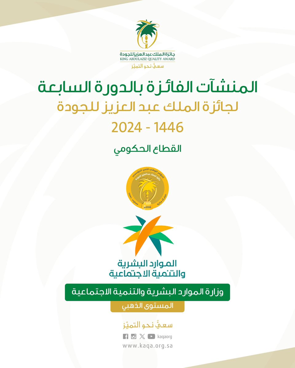 KAQAORG's tweet photo. نبارك حصول وزارة الموارد البشرية والتنمية الاجتماعية على المستوى الذهبي في الدورة السابعة لـ #جائزة_الملك_عبدالعزيز_للجودة
 
#سعيٌ_نحو_التميز https://t.co/UeEtMwDTmT