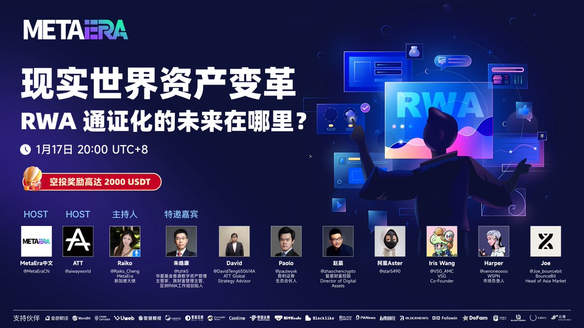 🔥 现实世界资产变革：#RWA 通证化的未来在哪里？🔥 ⏰ 时间：1.17 20:00 UTC+8 🔗  链接：https://t.co/H8qfQgDVdU ✨ 主办方：@MetaEraCN, @aiwayworld 🎙️ 特邀嘉宾：@tzhk5,  @DavidTeng650614, @paulwyxk, @zhaochencrypto, @star5490, @VSG_AMC,  @oenoneoooo ...