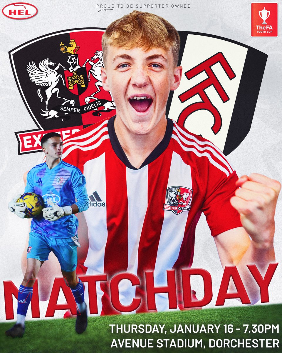 OfficialECFC's tweet photo. IT'S MATCHDAY 👊

The under-18s are looking to make history tonight... 

🆚 @FulhamAcademy 
🏆 FA Youth Cup
🏟️ Avenue Stadium (@DorchTownFC)
🕢 7.30pm kick-off
🎟️ Adults £6 / Concessions £4
📺 Live for free on Grecian+!

Up the City! 🔴⚪️

#ECFC #SemperFidelis https://t.co/jqYL6VS6OM