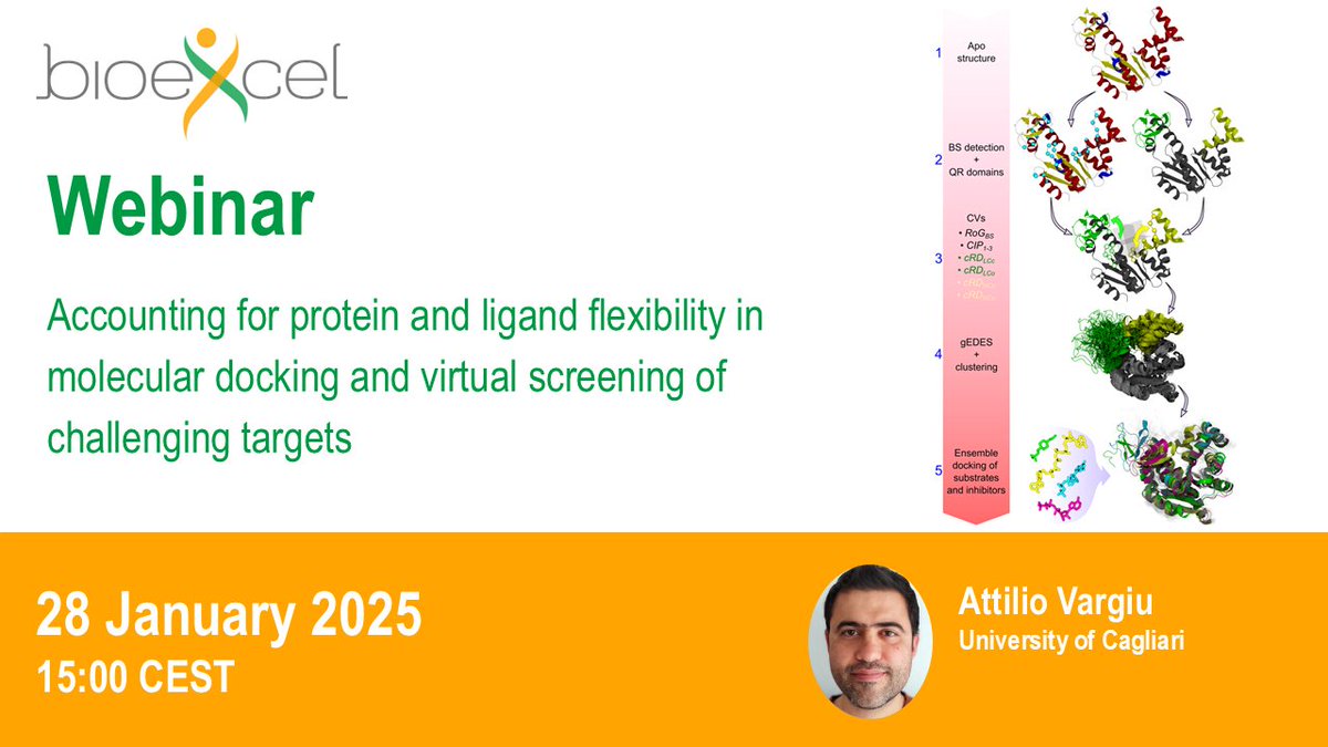 BioExcel CoE (@bioexcelcoe) on Twitter photo ☝️Don't forget to register for our webinar by <a href="/AttilioVargiu/">Attilio Vittorio Vargiu</a> on "Accounting for protein and ligand flexibility in #moleculardocking and #virtualscreening of challenging targets"
🗓️ 28 January 2025, 15:00 CET
➡️ bit.ly/40q3gKG
#webinar #compchem ☝️Don't forget to register for our webinar by <a href="/AttilioVargiu/">Attilio Vittorio Vargiu</a> on "Accounting for protein and ligand flexibility in #moleculardocking and #virtualscreening of challenging targets"
🗓️ 28 January 2025, 15:00 CET
➡️ bit.ly/40q3gKG
#webinar #compchem