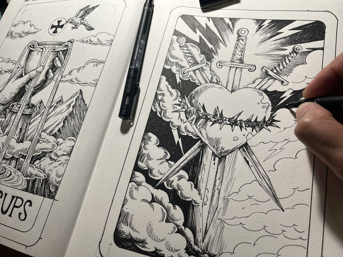 The three of swords
Ink on paper 210x297 mm. 

#inking #sketch #characterdesign #sketchbook #drawing #imaginefx #nfts #illustration #unipinart #unipinfineline #unipin #artistsoninstagram #tarotscard