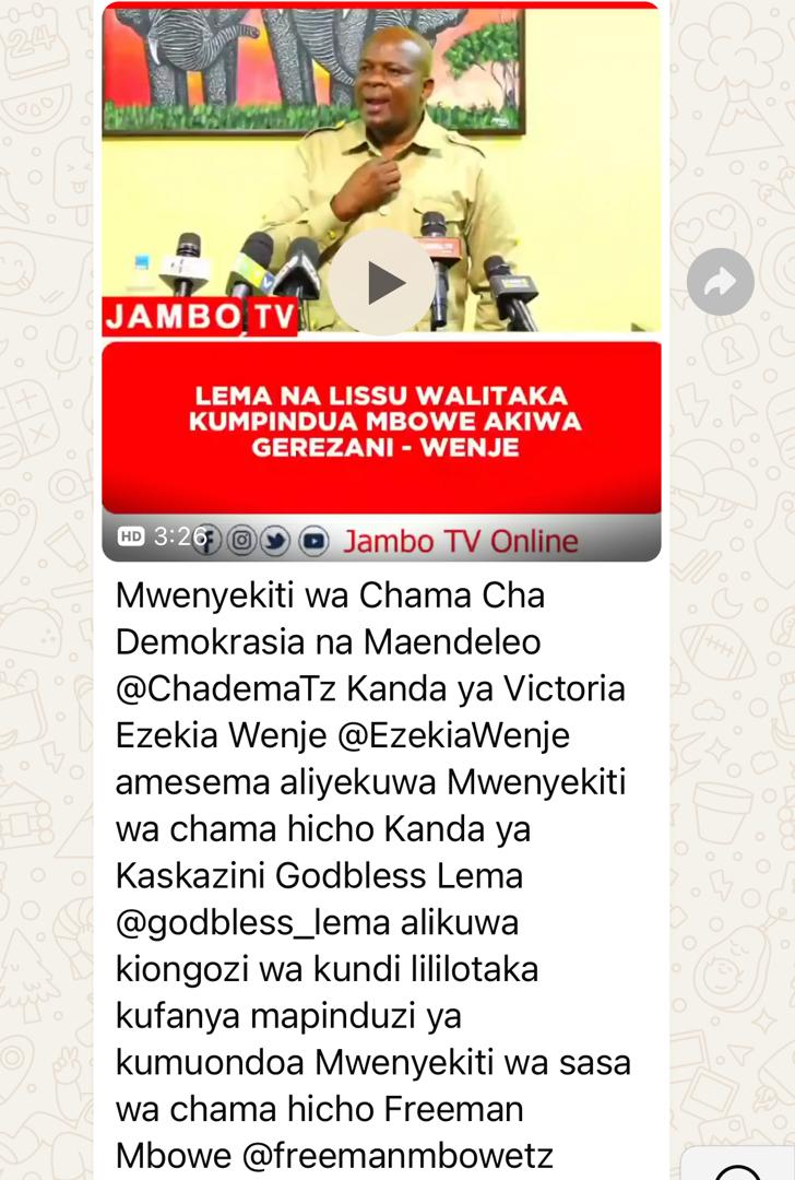 Mwaitenda Ahobokile (@amwaitenda2020) on Twitter photo Mdogo wangu Wenje acha kumdhalilisha Mwenyekiti <a href="/freemanmbowetz/">Freeman Mbowe</a> yaani unaaminisha umma kuwa alitoa ruhusa ya JOIN THE CHAIN na alipotoka gerezani alishiriki operation hiyo ili apinduliwe? Inakuaje mjumbe wa kamati kuu hujui hela hukusanywa kwenye akaunti za Chama na sio ya Lema?? Mdogo wangu Wenje acha kumdhalilisha Mwenyekiti <a href="/freemanmbowetz/">Freeman Mbowe</a> yaani unaaminisha umma kuwa alitoa ruhusa ya JOIN THE CHAIN na alipotoka gerezani alishiriki operation hiyo ili apinduliwe? Inakuaje mjumbe wa kamati kuu hujui hela hukusanywa kwenye akaunti za Chama na sio ya Lema??