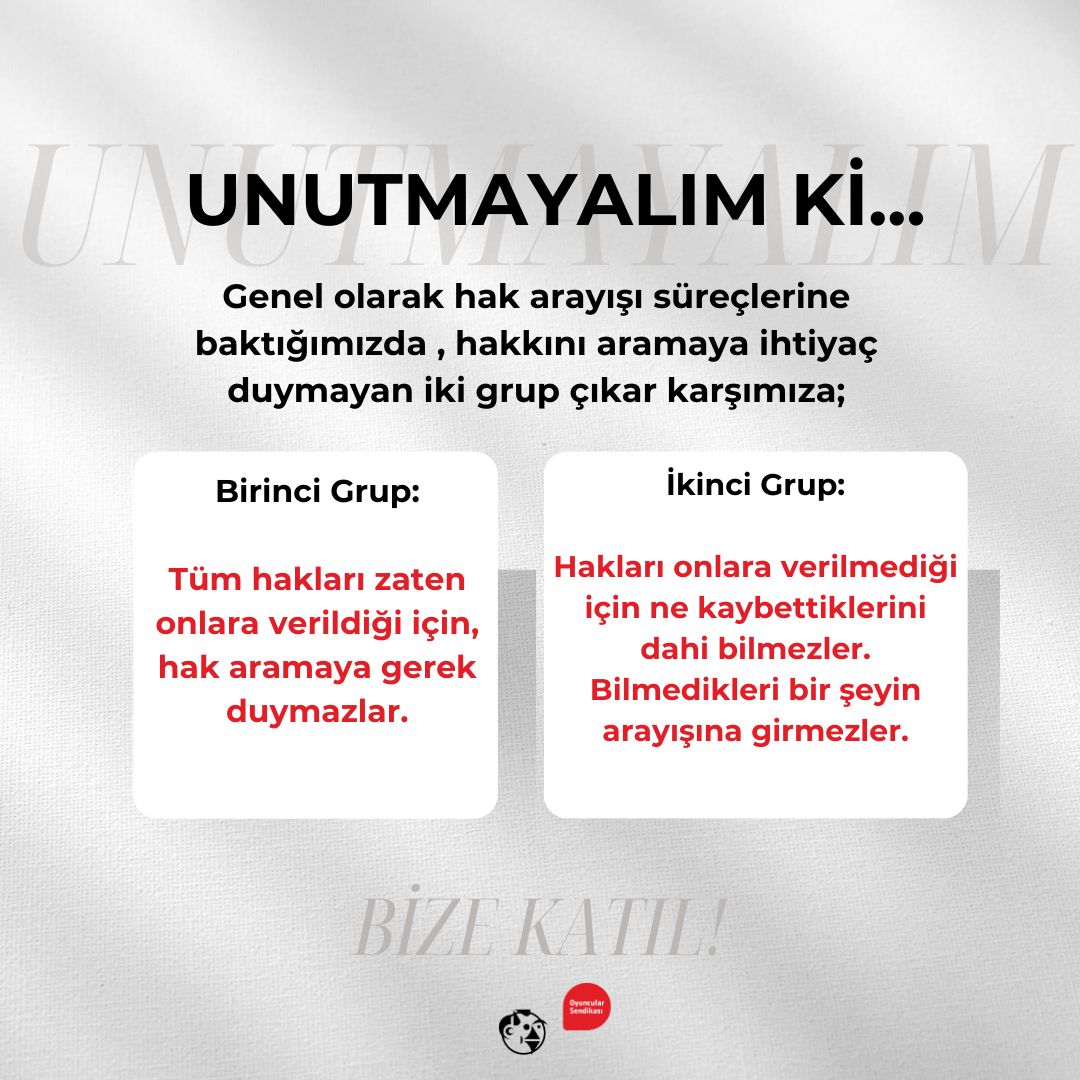 Oyuncular Sendikası (@oyuncusendika) on Twitter photo Kimler hakkını aramaya ihtiyaç duymaz? Kimler hakkını aramaya ihtiyaç duymaz?