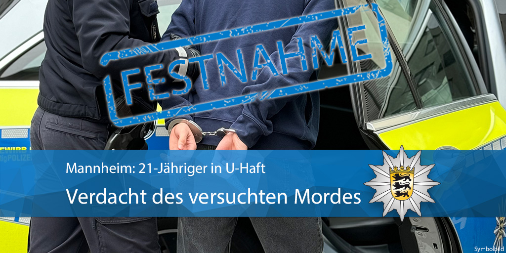 PolizeiMannheim's tweet photo. #Mannheim: 21-Jähriger wegen des Verdachts des versuchten #Mordes auf Antrag der #Staatsanwaltschaft #Mannheim in #Untersuchungshaft

Gemeinsame Pressemitteilung der Staatsanwaltschaft Mannheim und des #Polizeipräsidiums #Mannheim

Mehr dazu: https://t.co/1sQr3WYhaa https://t.co/1pR6A4X1Mo