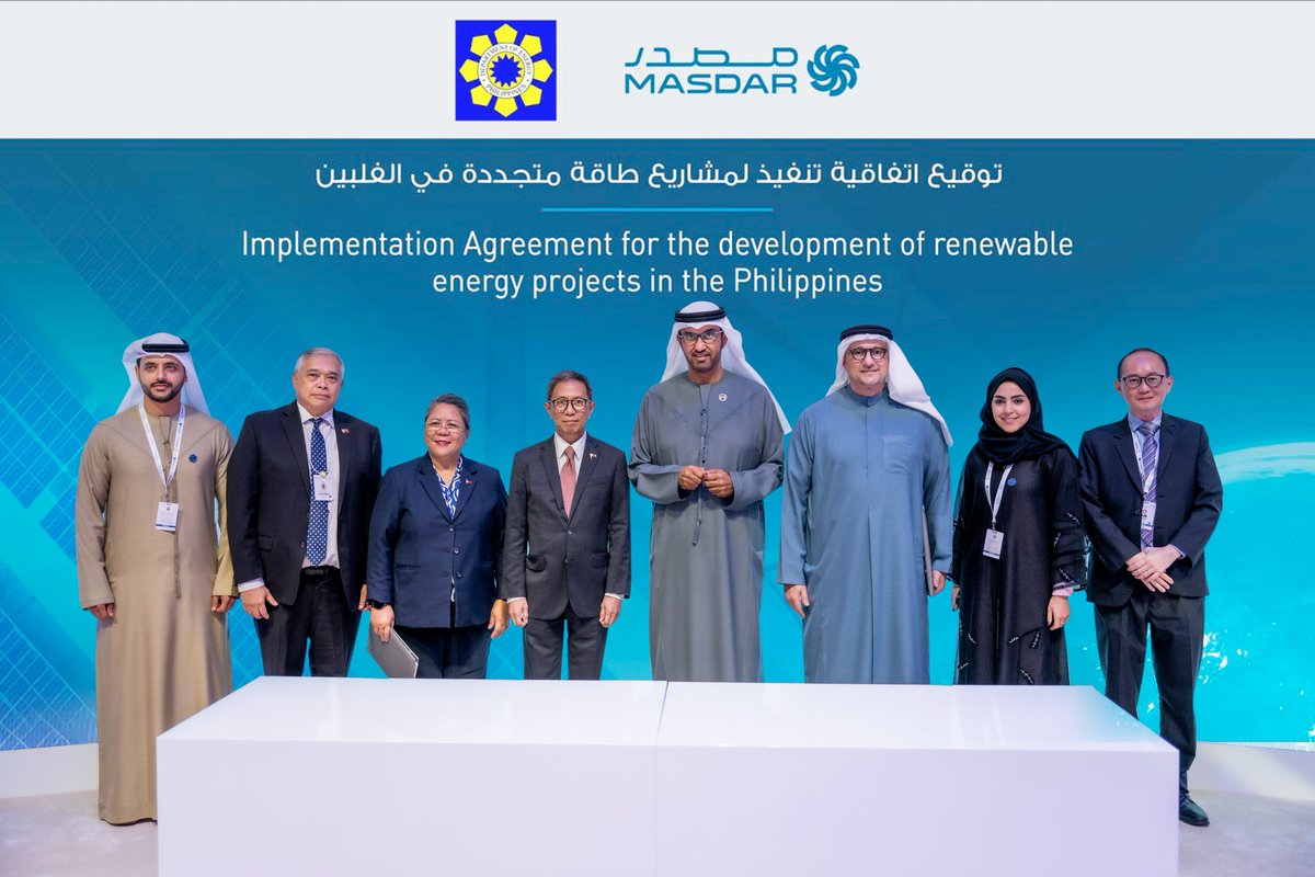 Masdar's tweet photo. We are delighted to announce our entry into the Philippines market, with the signing of agreements with the government of the Philippines to develop 1GW of #CleanEnergy projects, strengthening our growing portfolio in Southeast Asia.

The Implementation Agreement with the Department of Energy and the MoU with the Board of Investments of the Republic of the Philippines covers the development of solar, wind and battery energy storage systems (BESS) with a total capacity of up to 1GW by 2030.

The projects will support the Philippines National Renewable Energy Program target of 35% renewable energy in power generation by 2030.

🔗 Read more: https://t.co/zPTXdWTlWU

#Masdar #MasdarAtADSW #ADSW2025
